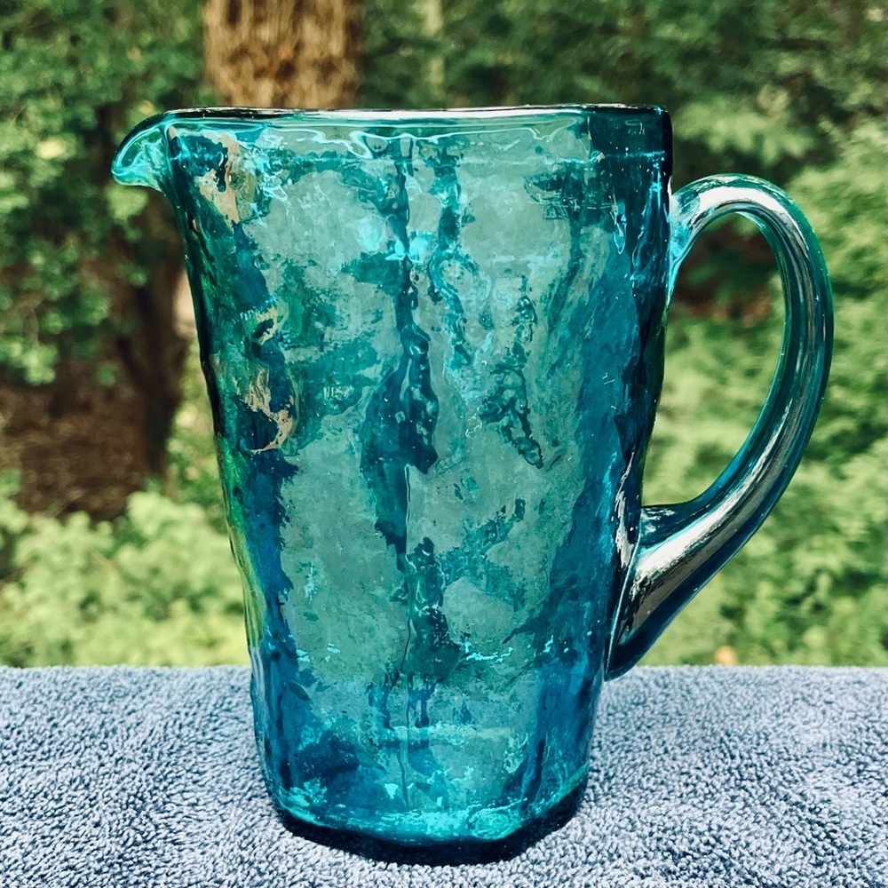 Vintage Morgantown Glass pitcher, crinkle glass, peacock blue